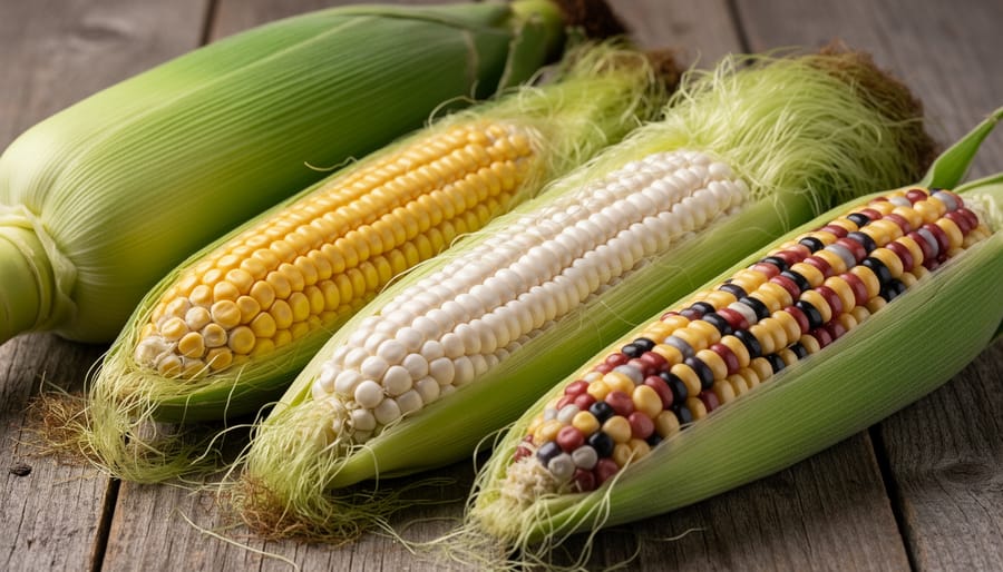 Close-up of corn kernels showing color variation on a single ear