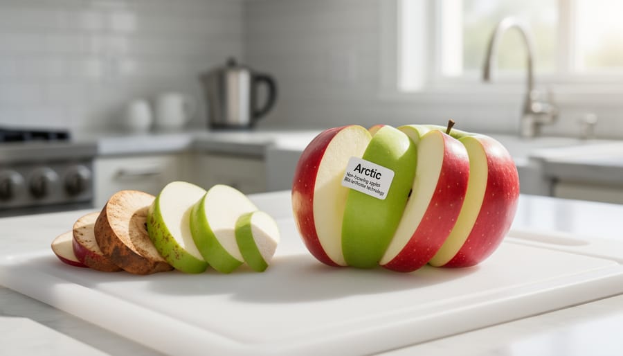 Freshly cut apple slices showing white flesh without browning