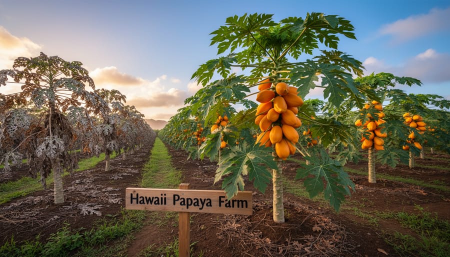 Halved ripe papaya showing orange flesh and seeds from above