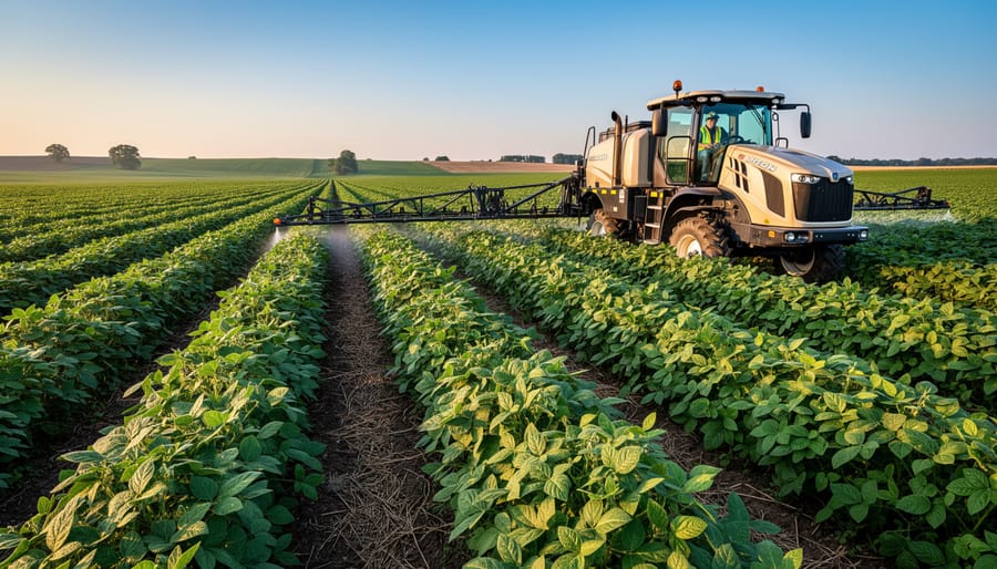 Wide view of commercial soybean field with rows of healthy green plants