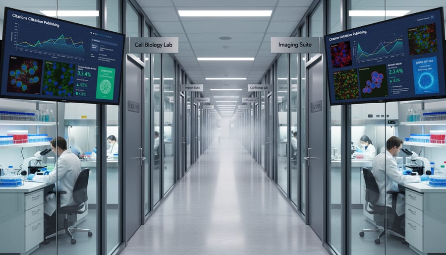 Dim laboratory corridor with illuminated microscope rooms in the background