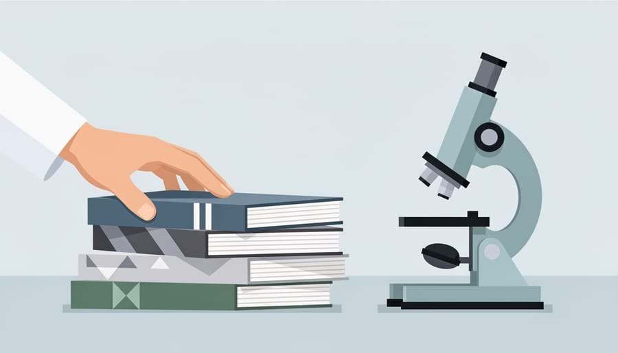 Hand placing a stack of journal covers on a lab bench beside a microscope