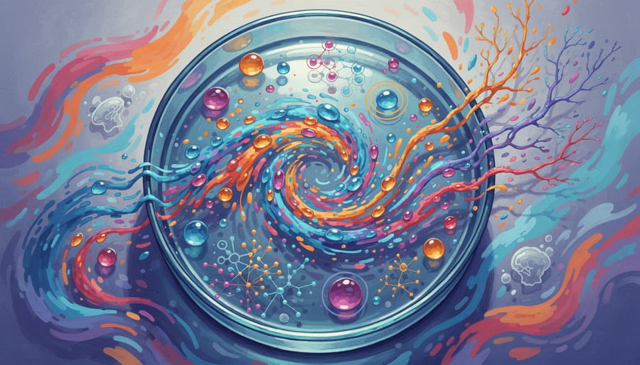 Macro close-up of swirling droplets inside a glass Petri dish under bright studio light