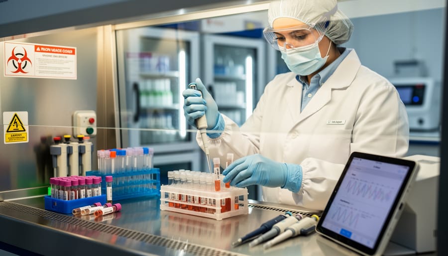 Gloved researcher holding vaccine vials in a clean laboratory near a biosafety cabinet