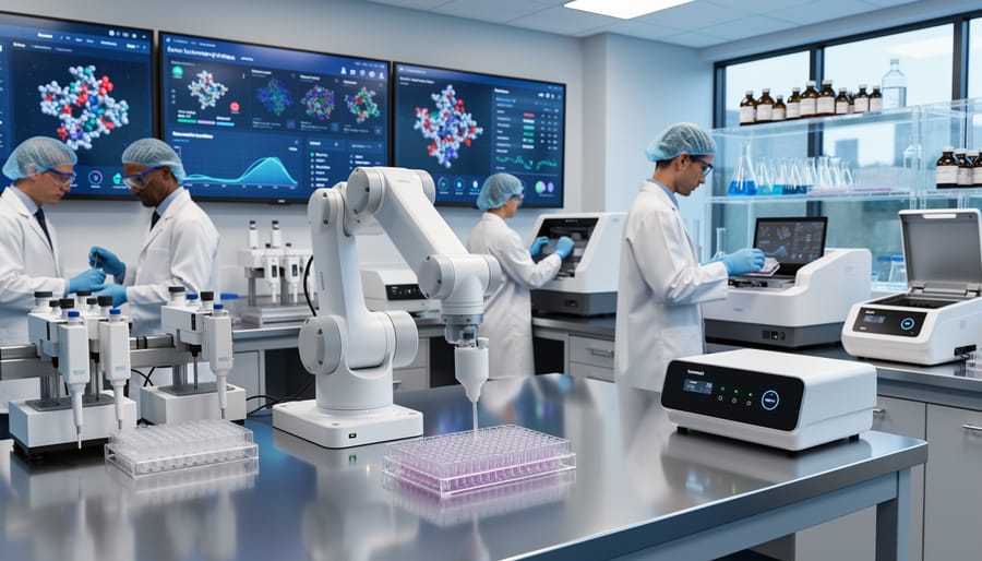 Robot arm and microfluidic chip on a laboratory workstation in a clean biotech environment.
