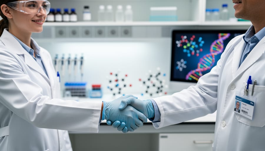Two scientists in lab coats shaking hands in a modern biotechnology laboratory.