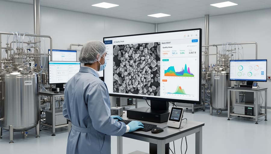 Cleanroom professional inspecting vial rack with blurred imaging equipment in the background.