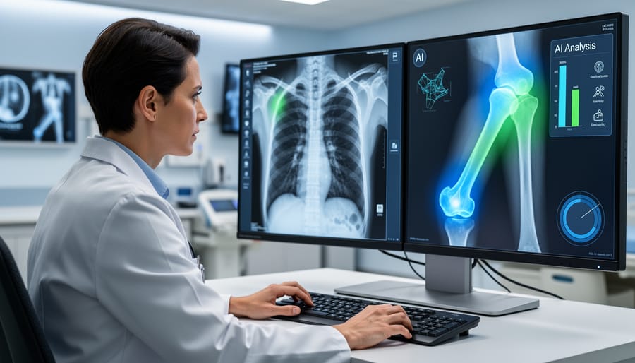 Clinician reviewing grayscale X-ray imaging at a hospital workstation with a monitor glow.
