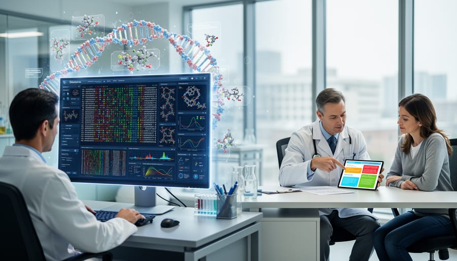 Clinician reviewing molecular diagnostics information at a workstation in a laboratory setting