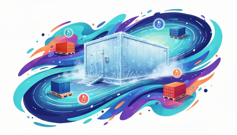 Frosted medical cold-storage container with condensation and cool interior lighting.