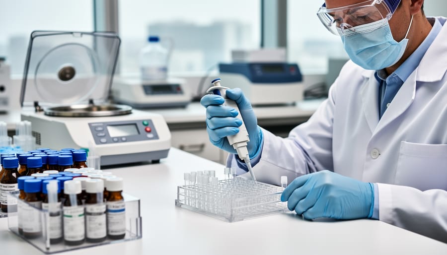 Gloved hands preparing a sample tube with a pipette at a molecular diagnostics laboratory bench