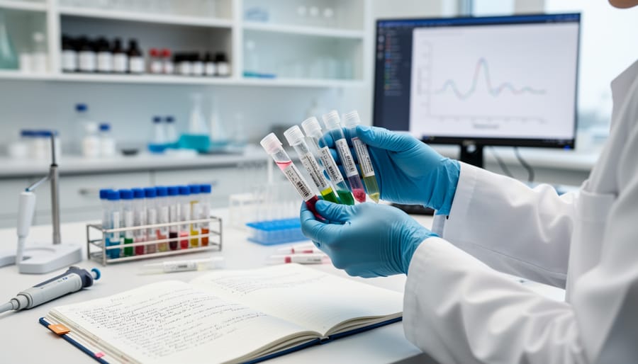 Gloved researcher holding a tube rack with microtubes on a laboratory bench under soft light.