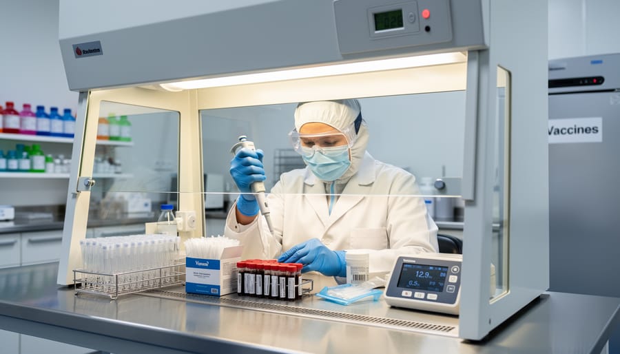 Gloved researcher holding vials in a clean laboratory environment.