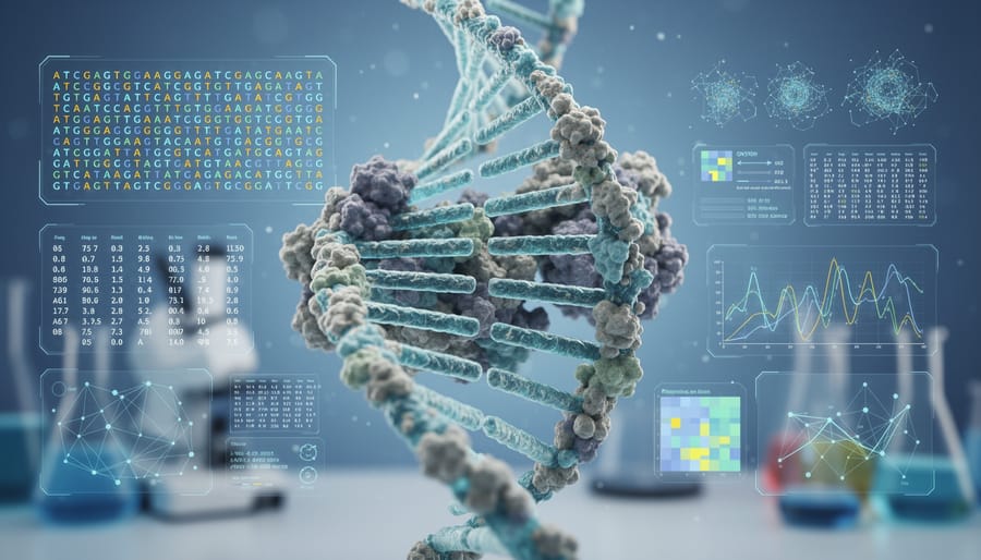 Macro view of a DNA double-helix model with blurred lab tools in the background