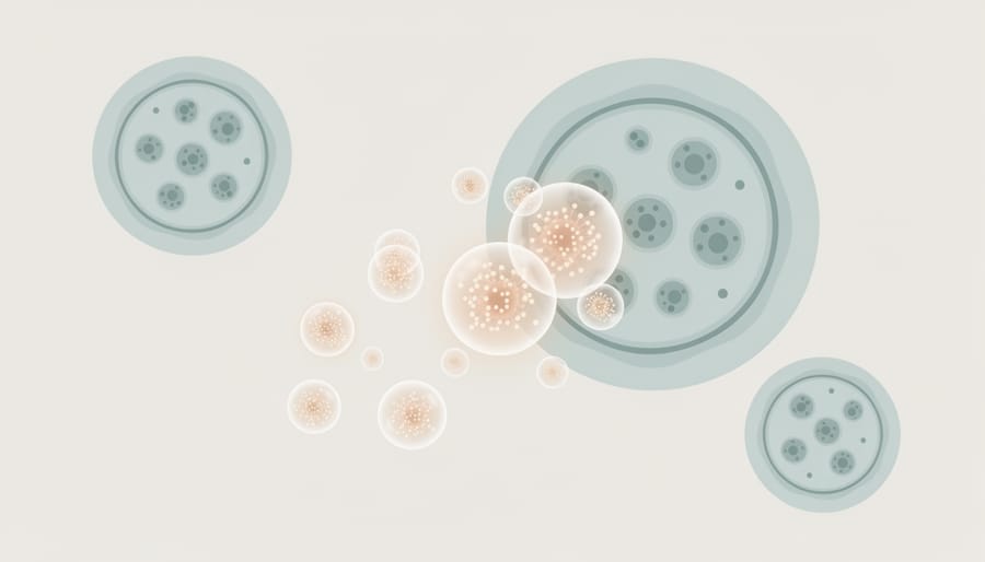 Macro view of translucent nanoparticle-like spheres suspended in a dark medium.