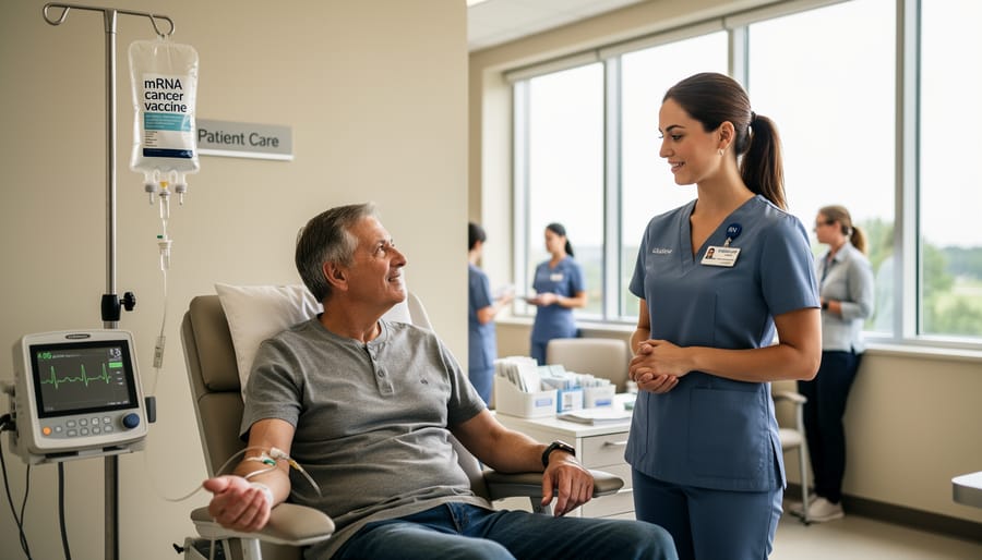 Patient seated in an oncology infusion room with medical staff nearby in soft focus.