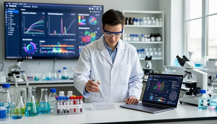Researcher in a molecular biology lab using a microscope alongside a laptop with blurred data visuals