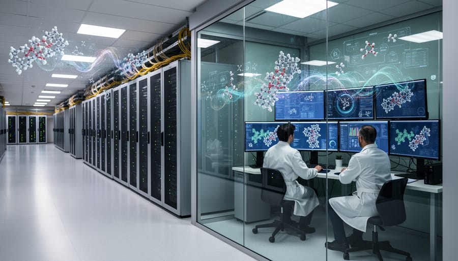 Wide view down a high-tech server rack corridor with glowing fiber optic cables