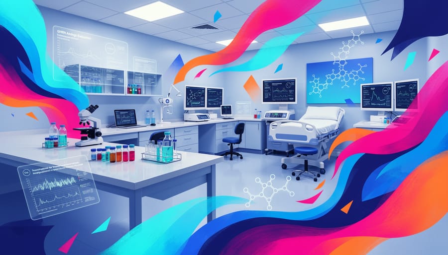 Clinical research hallway with an infusion pole in the foreground, softly blurred lab staff in the background
