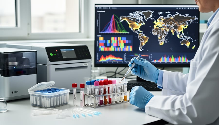 Researcher holding a swab tube near lab equipment alongside a laptop showing abstract, unreadable visuals.