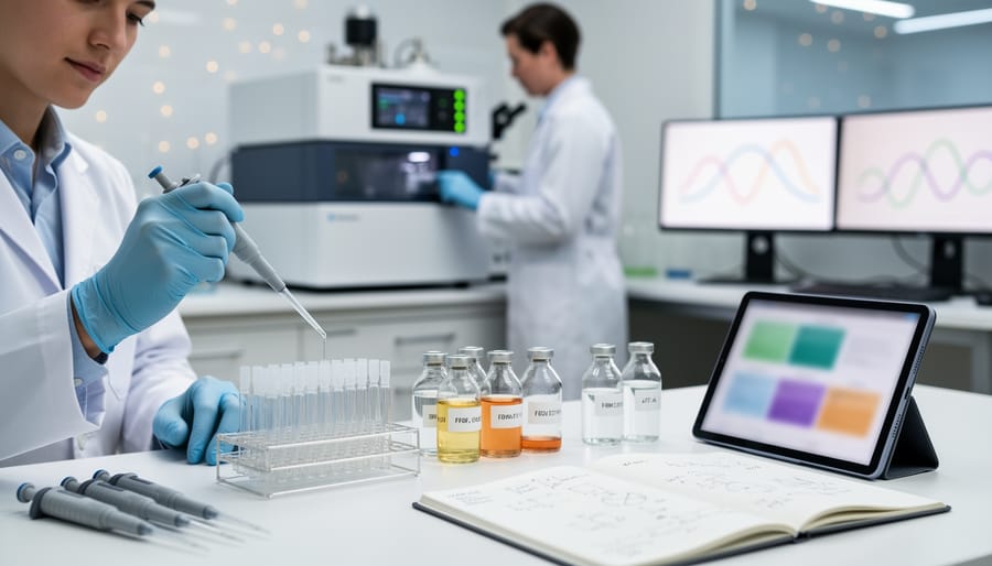 Research professional working beside centrifuge and aliquot tubes in a laboratory setting