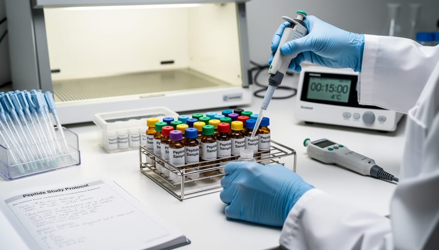 Gloved hands uncapping peptide sample vials on a laboratory bench