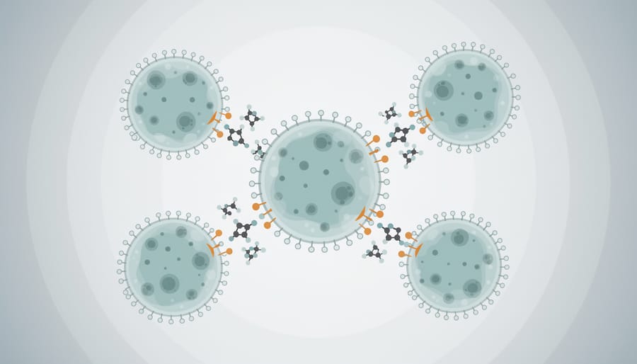 Glowing cell organoid clusters in a dark petri dish under laboratory lighting