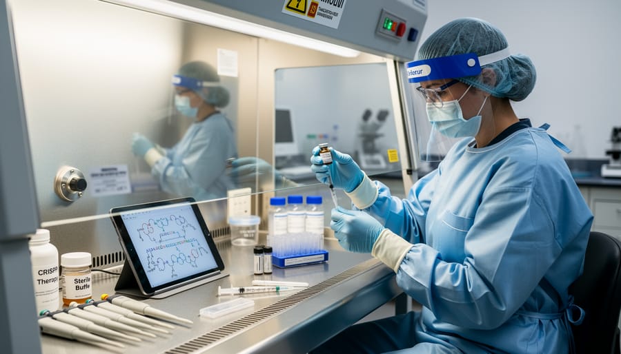 Researcher in protective gear holding a sterile cartridge-like delivery device in a clean biosafety laboratory