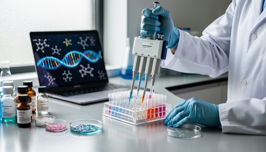 Close-up of a laboratory pipette and vials beside a blurred DNA helix model on a clean research bench