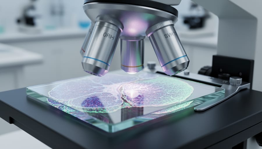 Researcher holding a microscope slide with illuminated tissue sample in a clinical lab