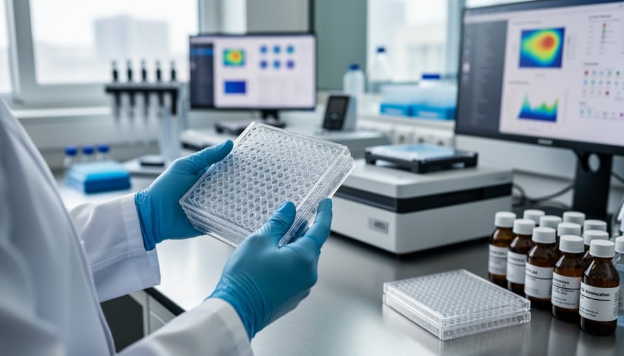 Gloved researcher placing a microplate into a bench-top instrument in a lab