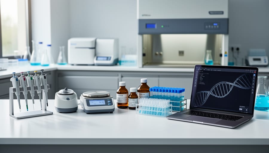 Molecular biology lab bench with pipettes, glassware, and microscope equipment in soft daylight
